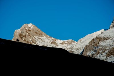 Scenic view of snowcapped mountains against clear blue sky