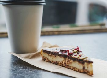 Close-up of cake in plate on table