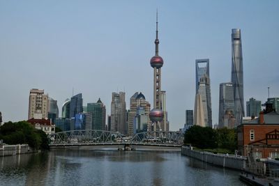 Iconic shanghai skyline with view of pudong financial district