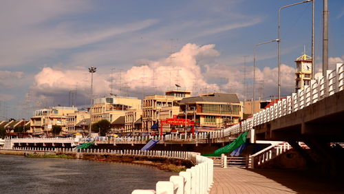 Panoramic view of bridge over river against sky in city