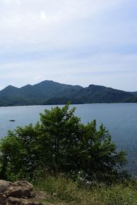 Scenic view of lake and mountains against sky