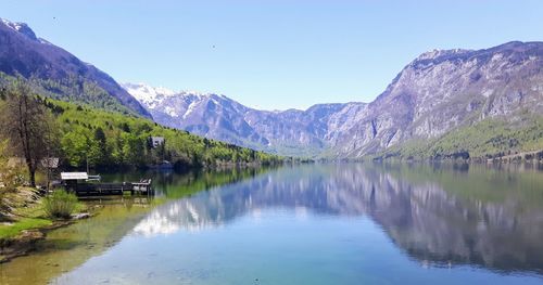 Scenic view of lake and mountains against clear sky