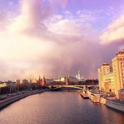 High angle view of moskva river amidst buildings at sunset