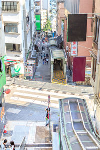 High angle view of people walking on road