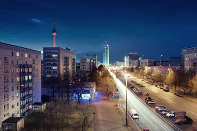 View of city lit up at night