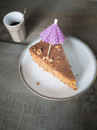 High angle view of cake in plate on table