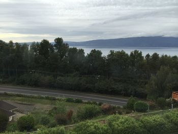 View of trees on landscape against cloudy sky