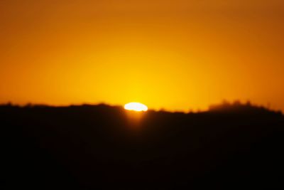 Silhouette trees on field against orange sky