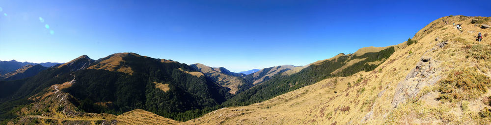 Scenic view of mountains against clear blue sky