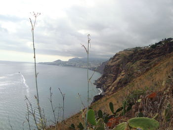 Scenic view of sea and mountains against sky