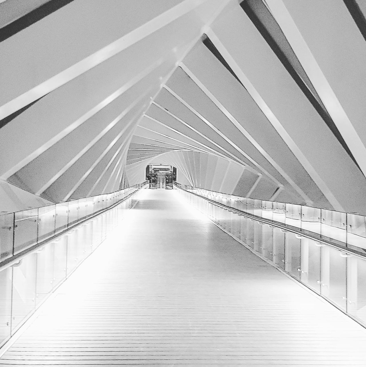 architecture, direction, the way forward, built structure, railing, indoors, ceiling, empty, no people, diminishing perspective, connection, footpath, transportation, building, day, illuminated, arcade, corridor, flooring, absence, modern, light, long