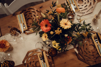 High angle view of christmas decorations on table