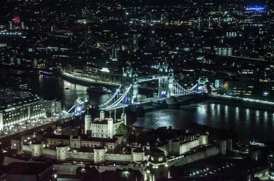 High angle view of illuminated bridge at night