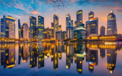 Reflection of illuminated buildings in city at night