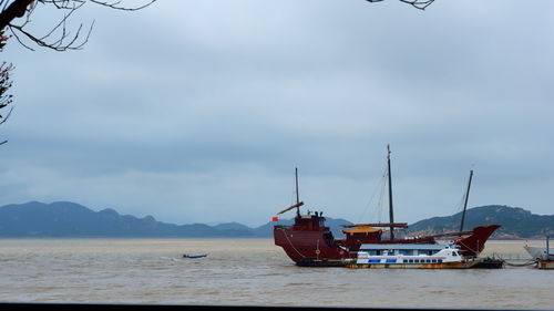 Sailboats moored on sea against sky