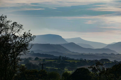 Scenic view of mountains against sky during sunset