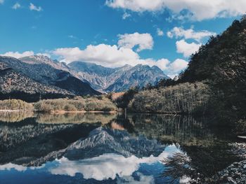 Scenic view of lake and mountains against sky