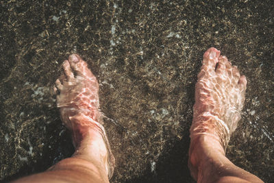 Low section of man legs on wet shore