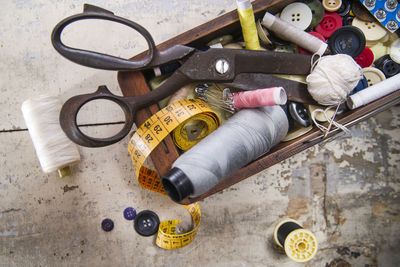 High angle view of sewing item on table