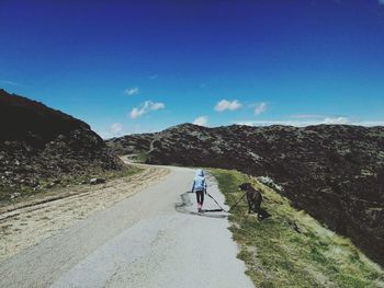 Rear view of child with dog walking on road against sky