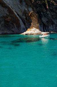 High angle view of boat moored at sea