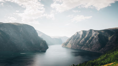 Scenic view of lake and mountains against sky