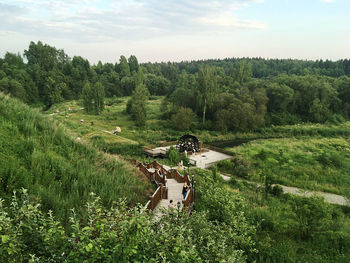 High angle view of trees and houses against sky