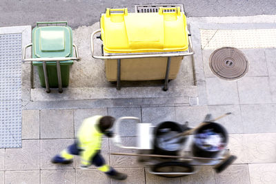 High angle view of people walking on street