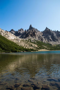 Scenic view of lake and mountains against clear blue sky