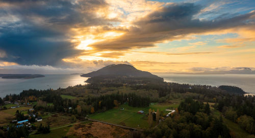 High angle view of landscape against sky during sunset