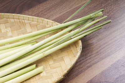 High angle view of leaf in basket on table