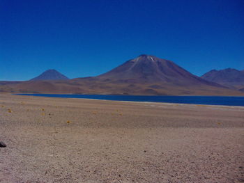 Scenic view of arid landscape against clear blue sky