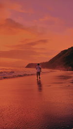 Rear view of man on beach against sky during sunset