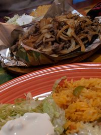 High angle view of food served in plate