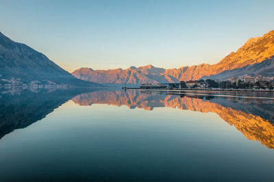 Scenic view of lake and mountains against clear sky