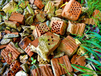 High angle view of bricks on field