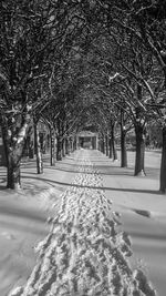 Footprints on narrow alley covered by snow