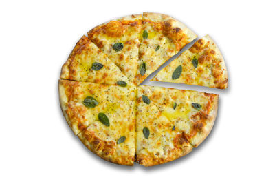 Directly above shot of pizza on white background