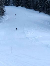 People skiing on snowcapped mountain