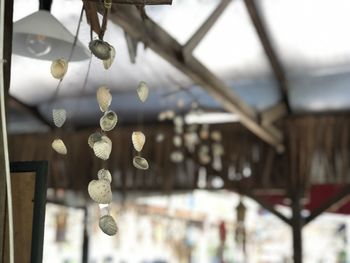 Close-up of lighting equipment hanging on ceiling of building
