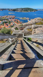 High angle view of sea by city against sky