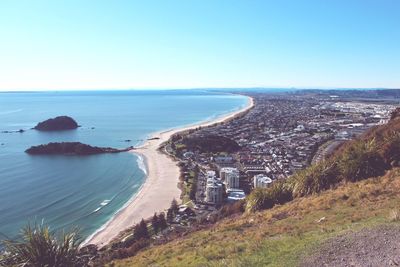 High angle view of cityscape by beach