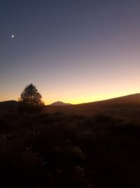 Scenic view of landscape against clear sky during sunset