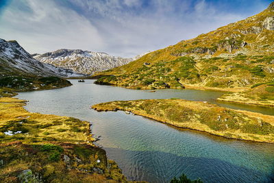 Scenic view of lake and mountains against sky