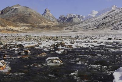 Scenic mountain landscape and snow covered river valley at zero point or in north sikkim, india 