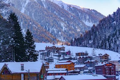 Scenic view of snow covered houses and trees against mountains