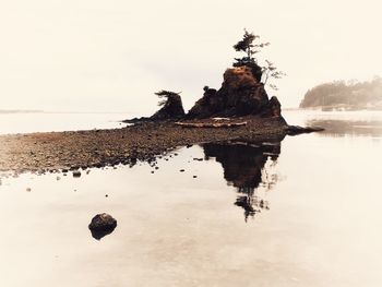 Reflection of rocks on water in lake