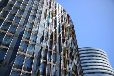 Low angle view of modern building against clear blue sky