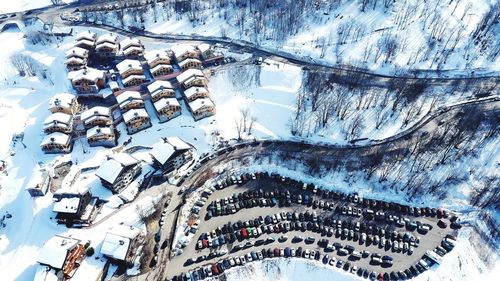 High angle view of crowd on building during winter