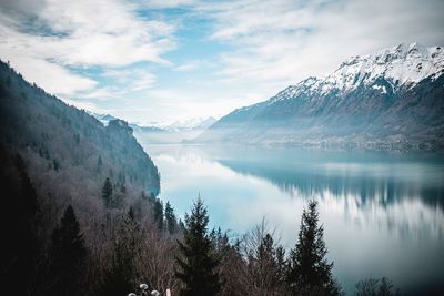 Scenic view of mountains and lake against sky